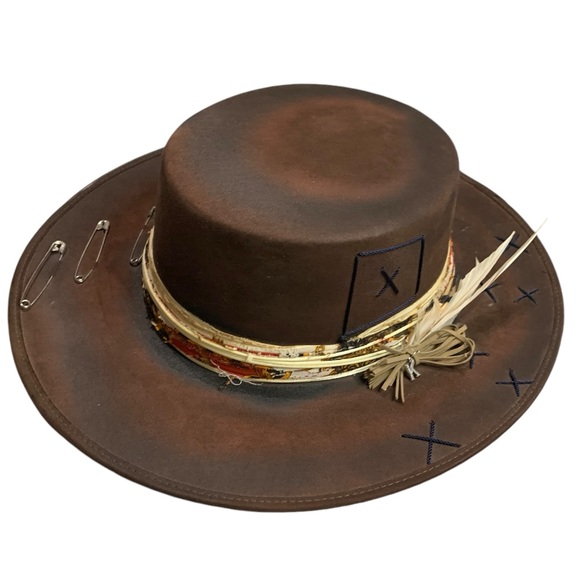 Magnolia Pearl Accessories - Tan and Gold Feather Wide Brim Hat - Western Chic (Read description)